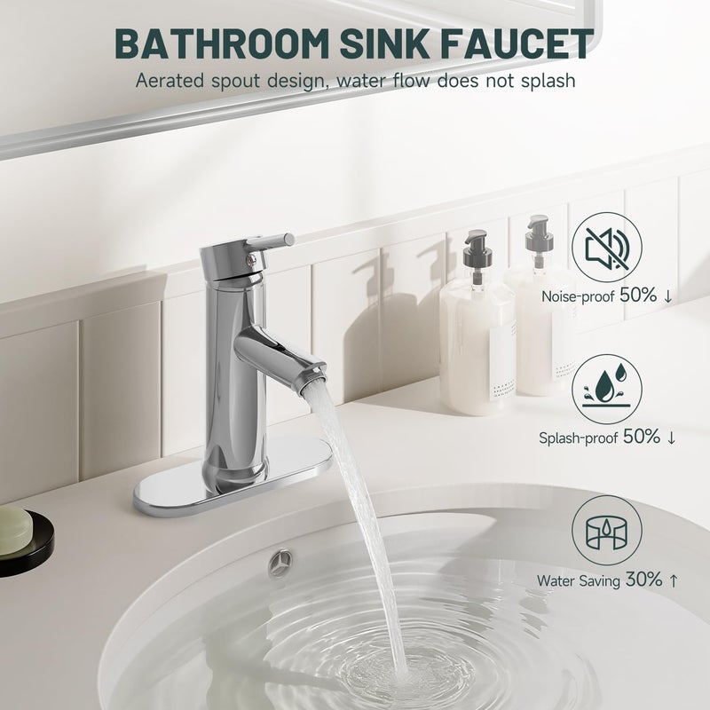 Green Spring Chrome Bathroom Faucet 1 Hole, Greenspring Single Lever Bathroom Sink Faucets Modern Deck Mount One Hole Lavatory Vanity Faucet with Deck Plate and Supply Line, Brass - Image 3